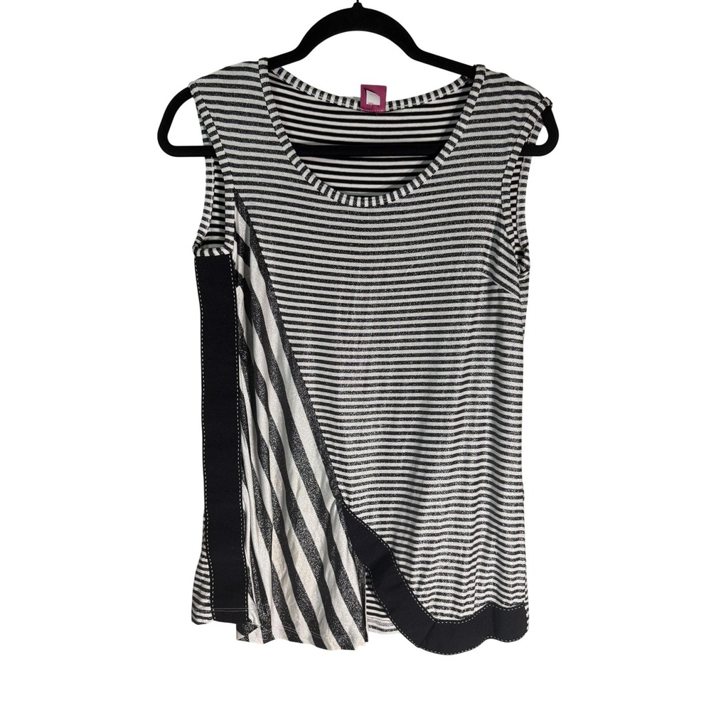 Save The Queen‎ Tank Womens S Black Striped Glitter Round Neck Jersey Italy